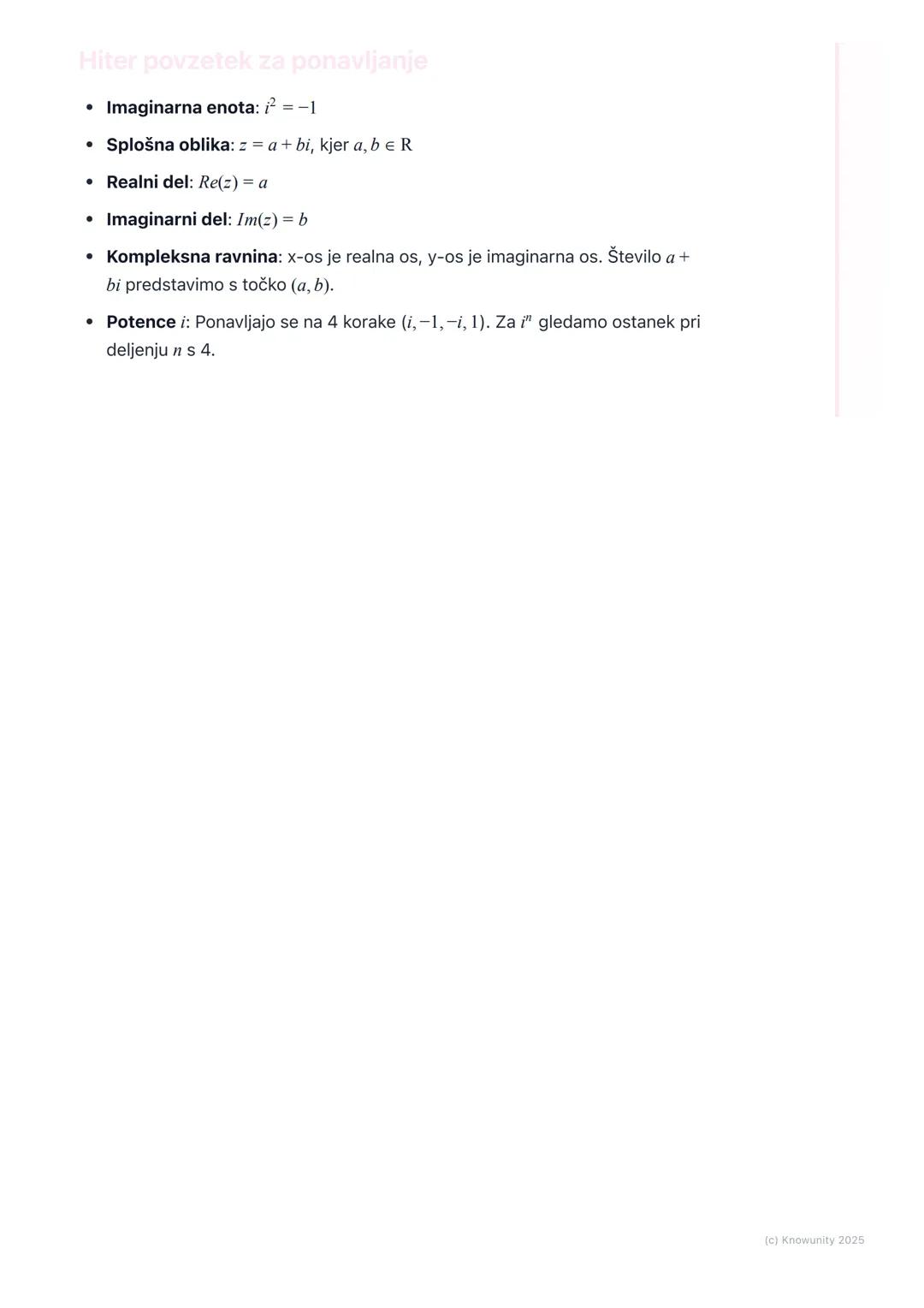 # Uvod v kompleksna števila

Uvod v kompleksna števila

Kompleksna števila so razširitev realnih števil. Potrebujemo jih, ker v množici
real