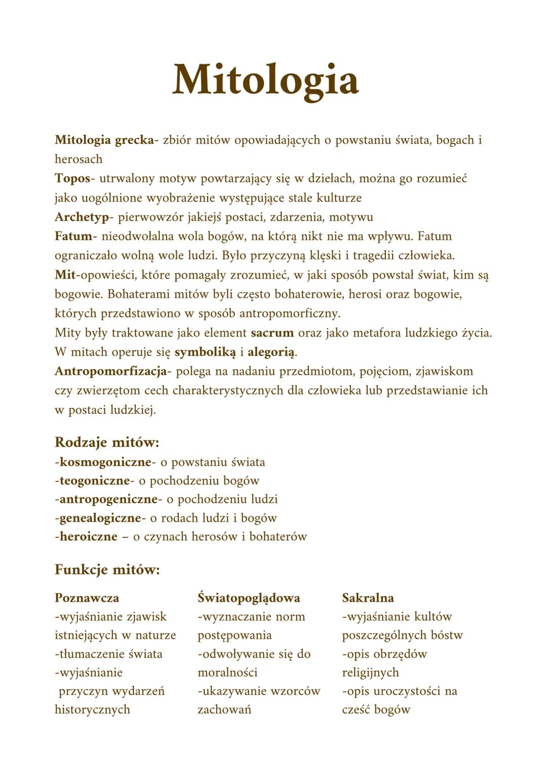 Mitologia
Mitologia grecka- zbiór mitów opowiadających o powstaniu świata, bogach i
herosach
Topos- utrwalony motyw powtarzający się w dzieł
