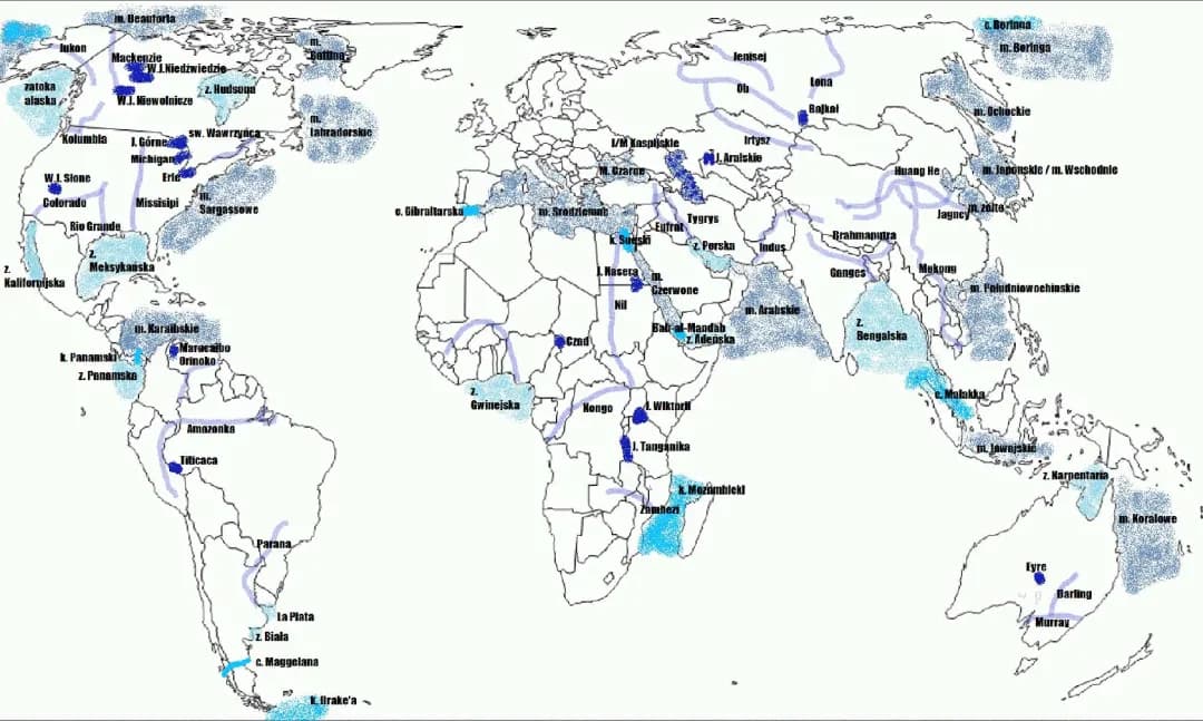 Mapa świata: morza, zatoki, jeziora i rzeki