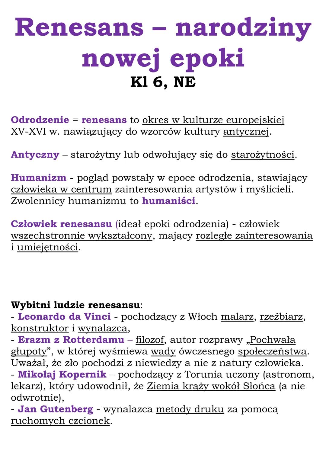 Renesans - narodziny
nowej epoki
Kl 6, NE
Odrodzenie = renesans to okres w kulturze europejskiej
XV-XVI w. nawiązujący do wzorców kultury an