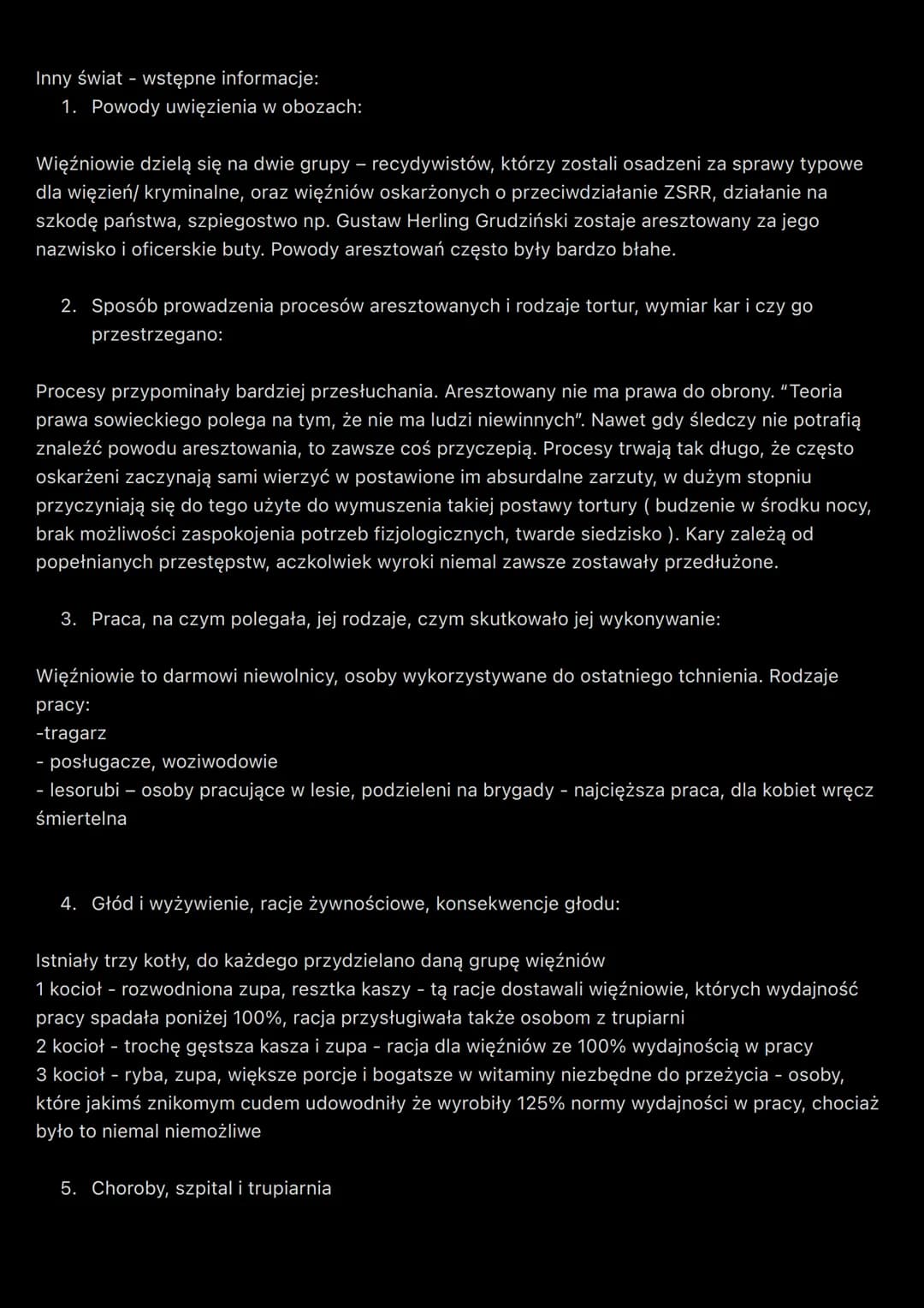 Inny świat - wstępne informacje:
1. Powody uwięzienia w obozach:
Więźniowie dzielą się na dwie grupy - recydywistów, którzy zostali osadzeni