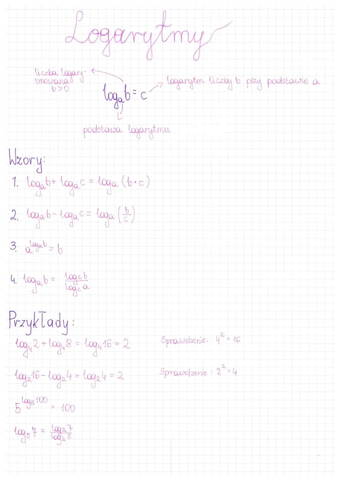 3. lagab
4.
liczba logary-
tmowana
670
Wzory:
1. Logab+ loga c = loga (b+c)
2. logab - toga c = loga (8)
Logarytmy
log₂ b = c
podstawa logar