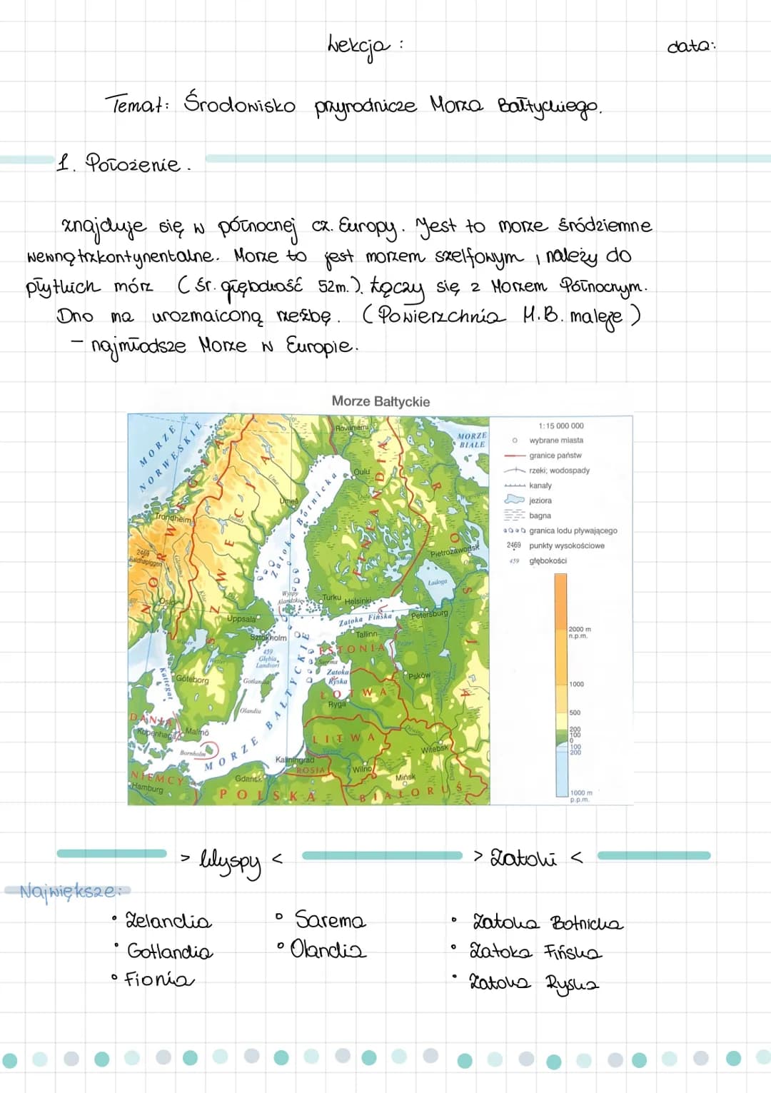 wekcja :
Temat: Środowisko przyrodnicze Morza Bałtyckiego.
1. Położenie.
znajduje się w północnej cz. Europy. Jest to morze śródziemne
wewną