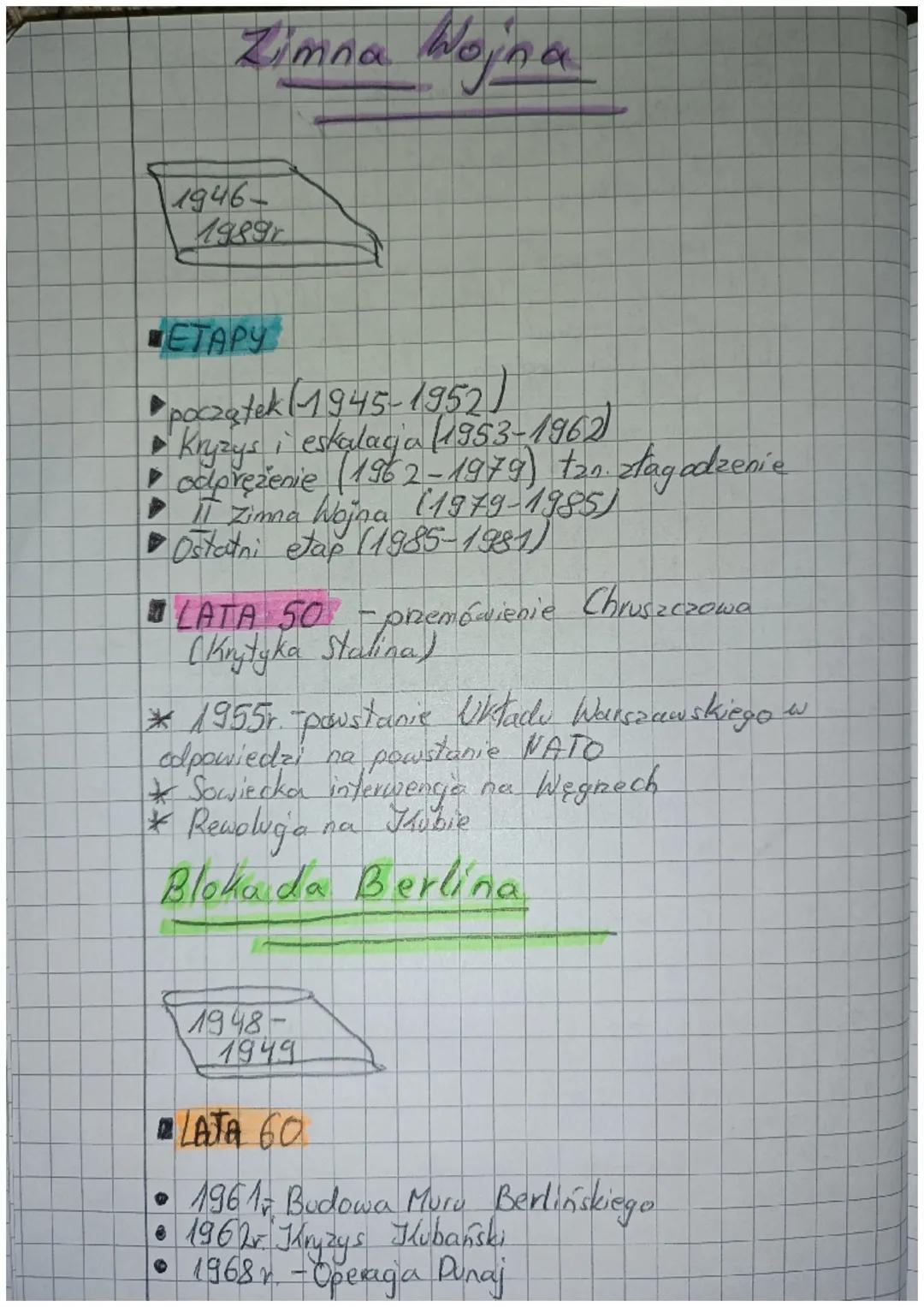 Zimna Wojna
1946-
1989r
ETAPY
▸początek (1945-1952)
Kryzys i eskalacja (1953-1962
► odprężenie (1962-1979) tzn. złagodzenie
► II Zimna Wojna