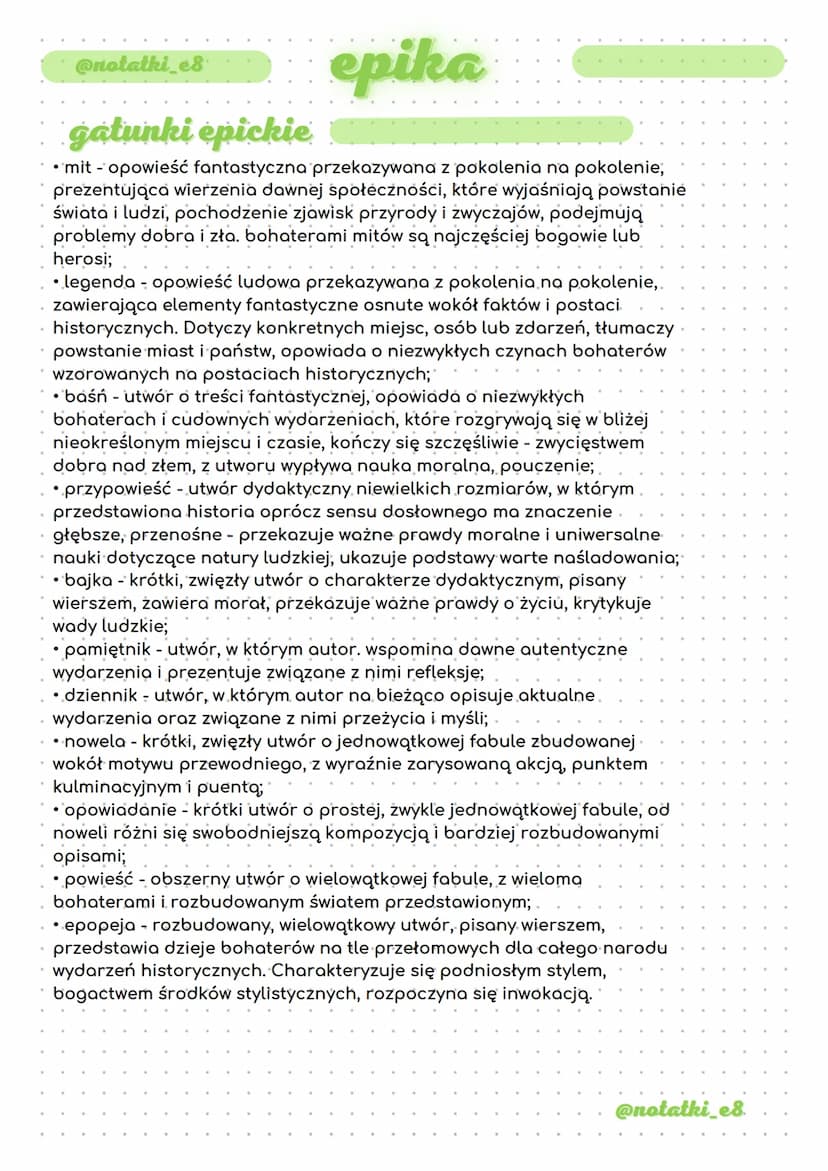 epika
epika
Epika - jeden z trzech rodzajów literackich. Utwory epickie najczęściej są
pisane prozą, rzadziej wierszem. Epika obejmuje utwor
