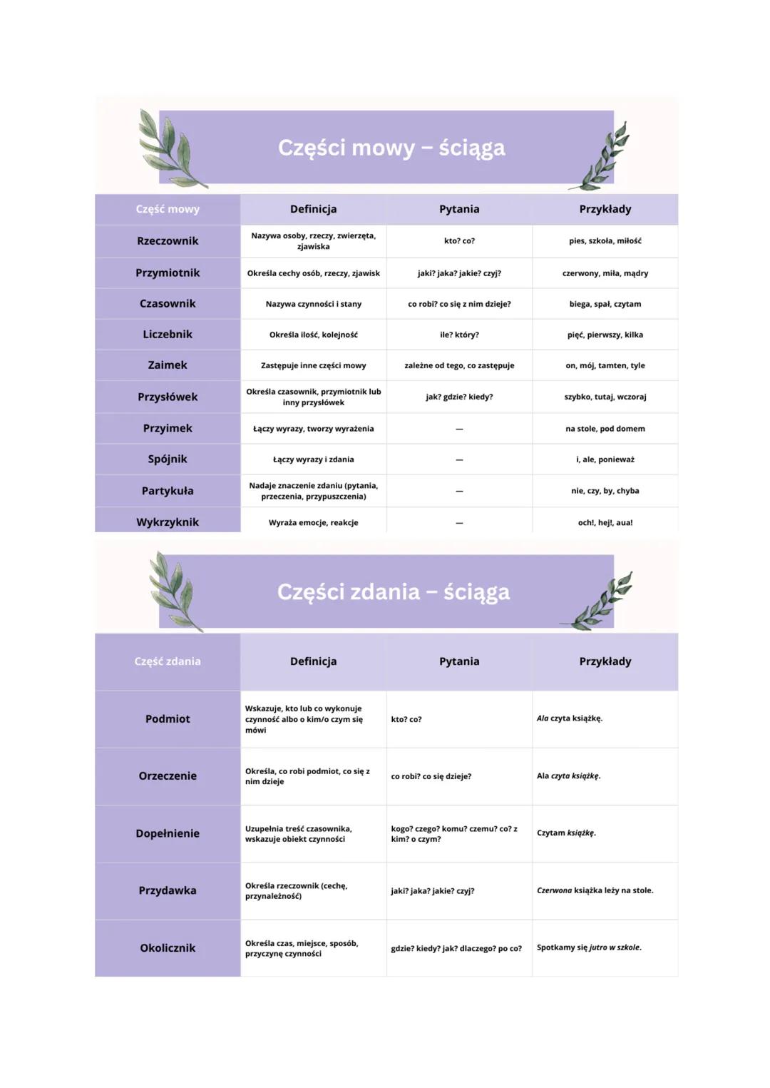 # Części mowy - ściąga

Część mowy | Definicja | Pytania | Przykłady
---|---|---|---
Rzeczownik | Nazywa osoby, rzeczy, zwierzęta, zjawiska 