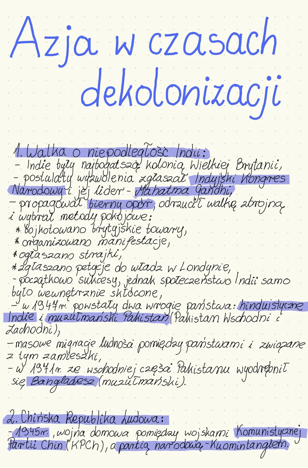 Azja w czasach
dekolonizacji
1. Walka o niepodległośc Indi:
Indie byly najbogatszą kolonia Wielkiej Brytanii,
postulaty wyzwolenia zgłaszał 