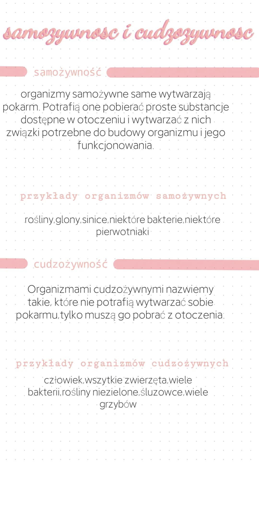 samozywnosc i cudzozywnose
samozywność
organizmy samożywne same wytwarzają
pokarm. Potrafią one pobierać proste substancje
dostępne w otocze
