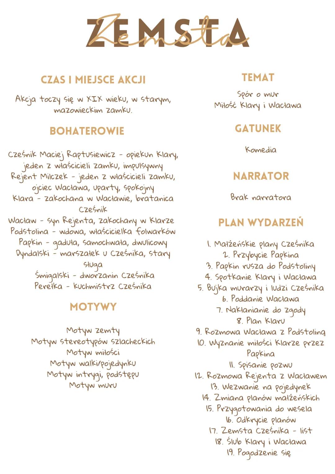 ZEMSTA
CZAS I MIEJSCE AKCJI
Akcja toczy się w XIX wieku, w starym,
mazowieckim zamku.
BOHATEROWIE
Cześnik Maciej Raptusiewicz - opiekun Klar