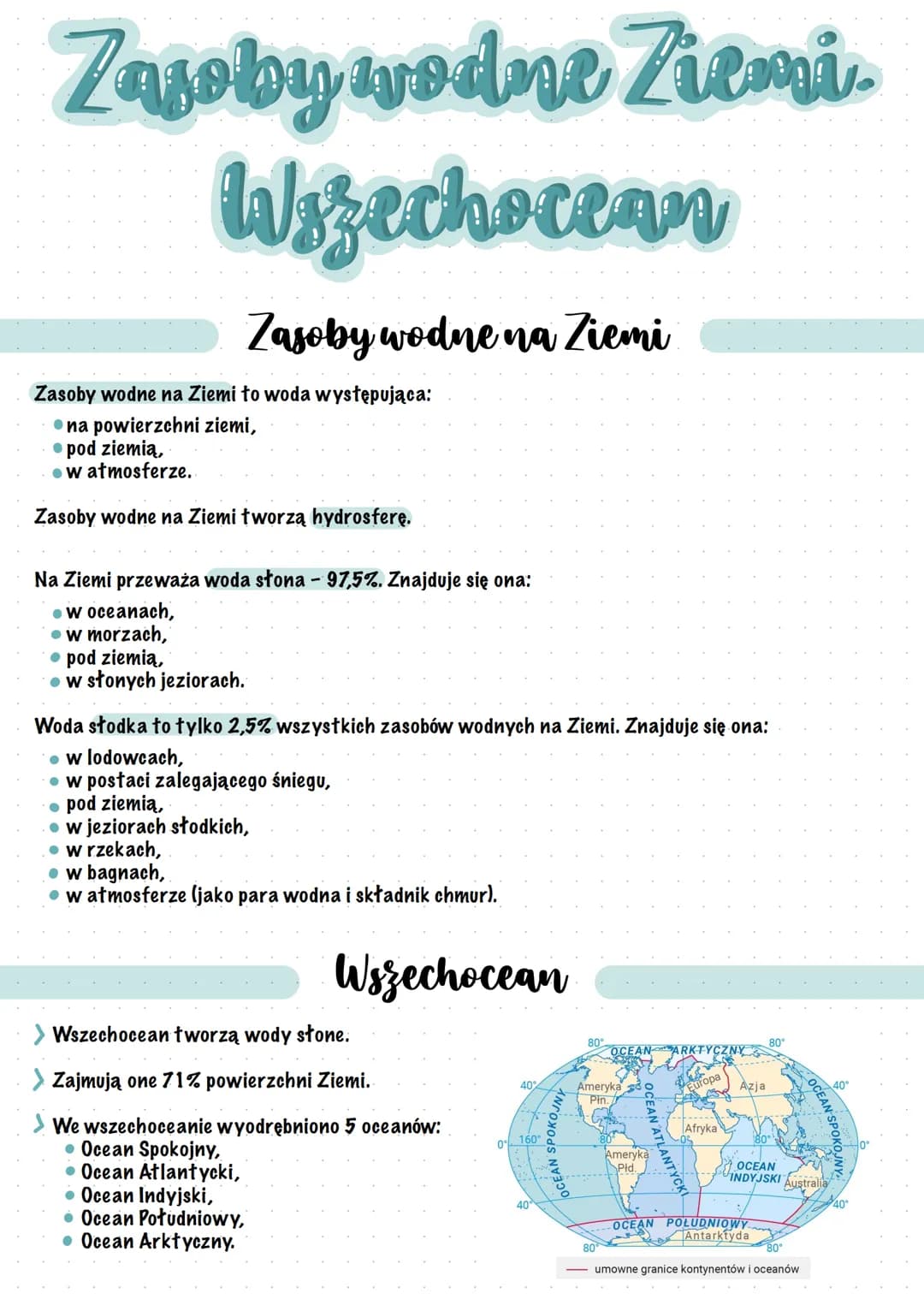 Zasoby wodne Ziemi.
Wszechocean
Zasoby wodne na Ziemi
Zasoby wodne na Ziemi to woda występująca:
na powierzchni ziemi,
•pod ziemią,
w atmosf