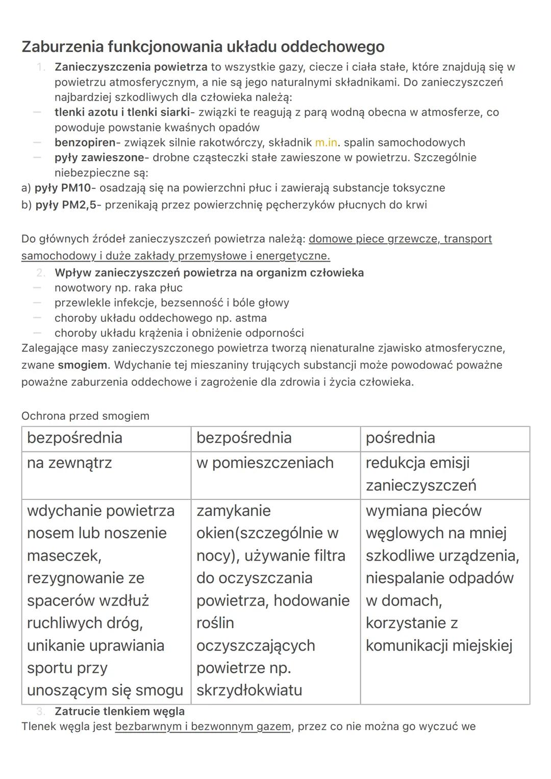 Zaburzenia funkcjonowania układu oddechowego
1. Zanieczyszczenia powietrza to wszystkie gazy, ciecze i ciała stałe, które znajdują się w
pow