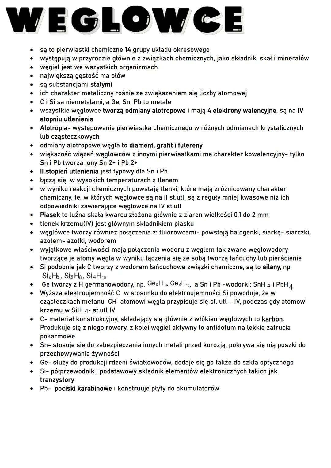 WEGLOWCE
•
•
•
są to pierwiastki chemiczne 14 grupy układu okresowego
występują w przyrodzie głównie z związkach chemicznych, jako składniki