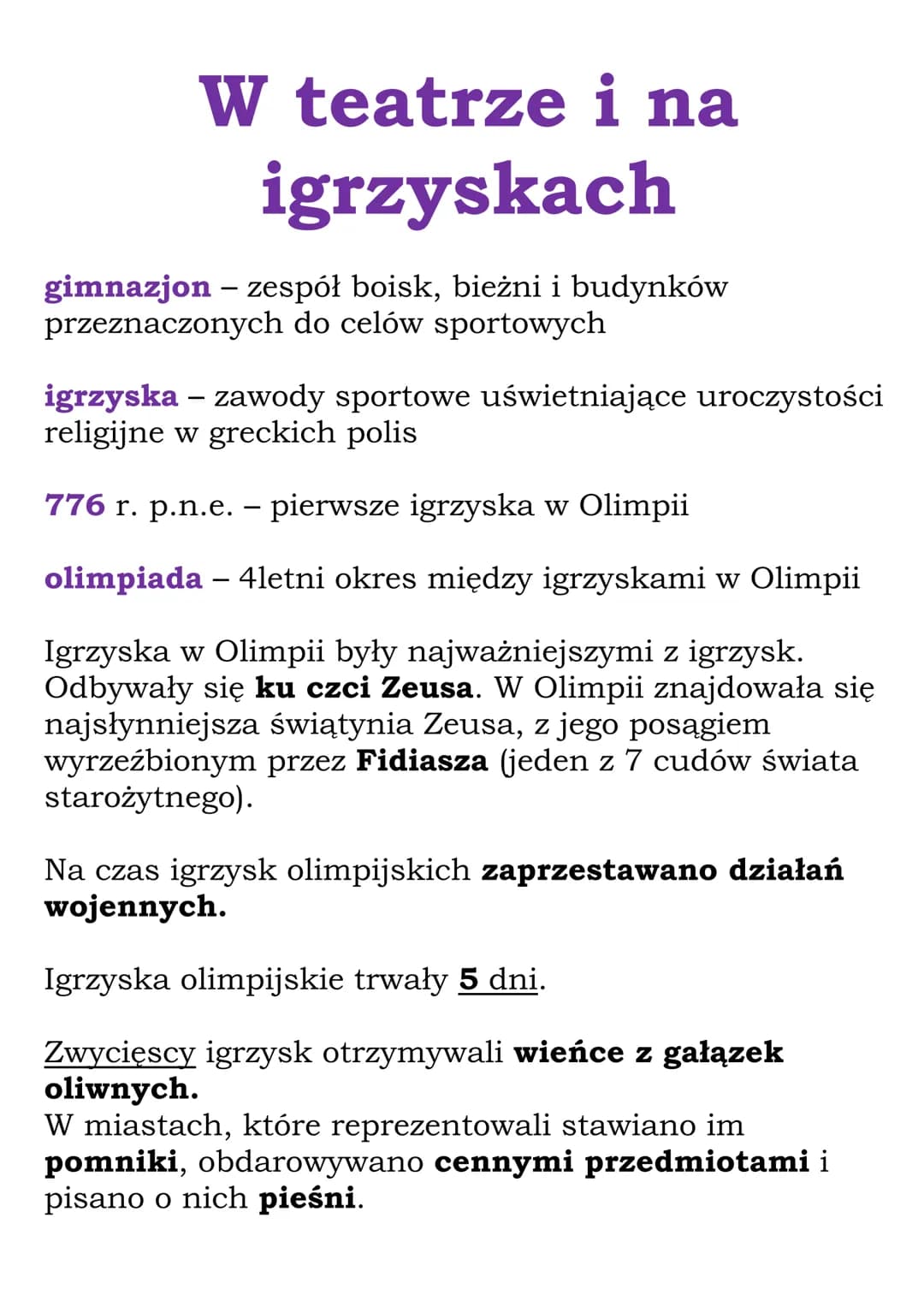 W teatrze i na
igrzyskach
gimnazjon - zespół boisk, bieżni i budynków
przeznaczonych do celów sportowych
igrzyska - zawody sportowe uświetni