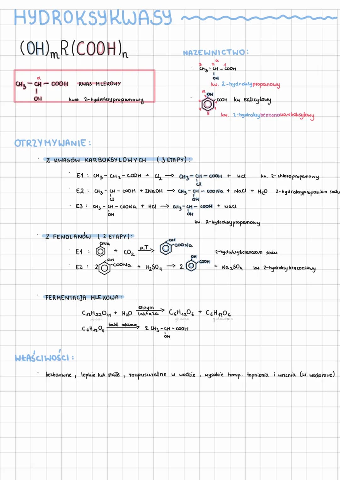 HYDROKSYKWASY
(OH)mR (COOH)n
d
CH 3-
-CH-COOH KWAS MLEKOWY
I
OH
kwas 2-hydroksypropanowy.
OTRZYMYWANIE:
Z KWASÓW KARBOKSYLOWYCH
E1
E2
E3
WŁA