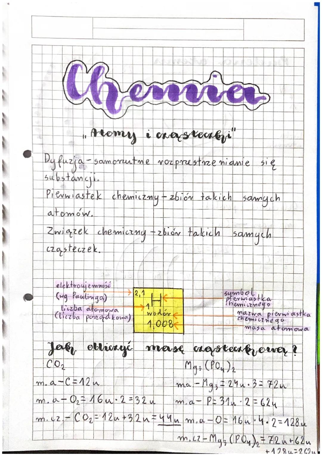 # Chemia

"Atomy i crastecari"

Dyfuzja-samorzutne rozprestrzenianie się
substancji.

Pierwiastek chemiczny zbiór takich samych
atomów.

Zwi