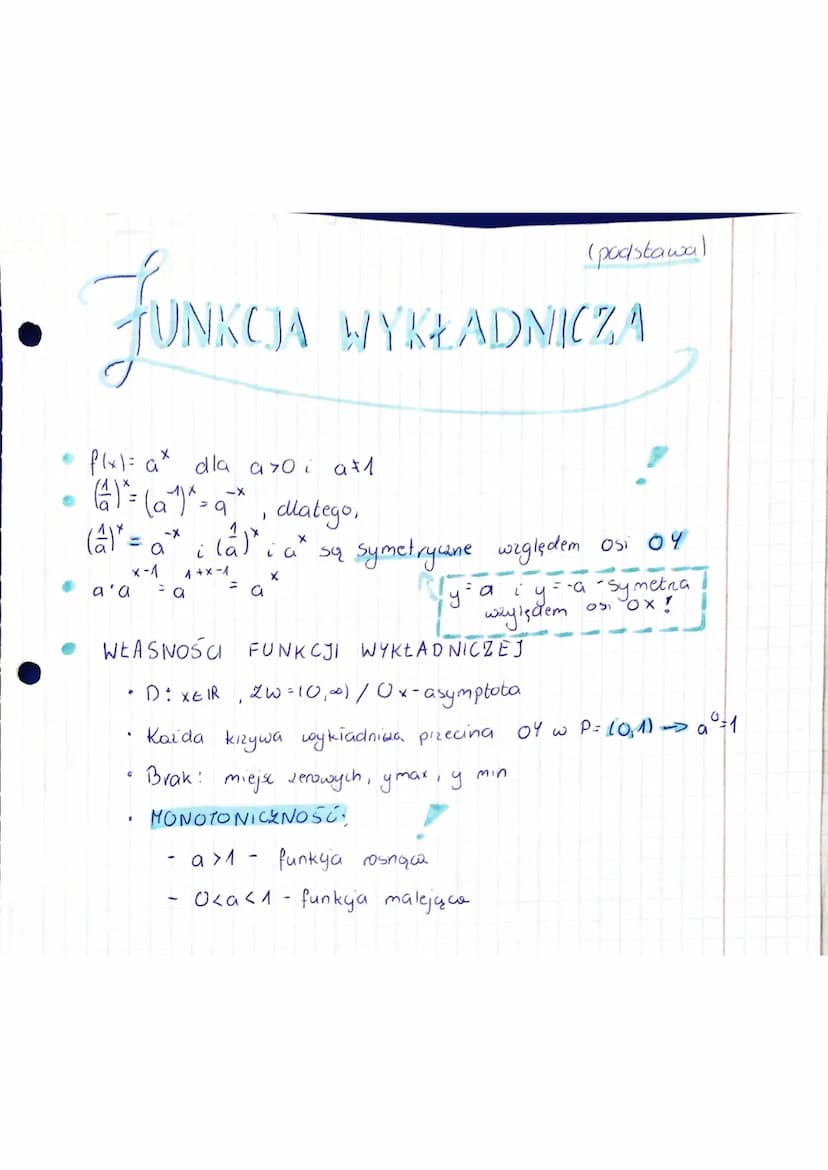 JUNKCJA
UNKCJA WYKŁADNICZA
f(x) = ax dla a>0 at 1
(4) ²= (a^)^= a*, dlatego,
-X
9
(A) =
a'a
x-1
D
a
G
-X
i la)" i a² są symetryune względem 