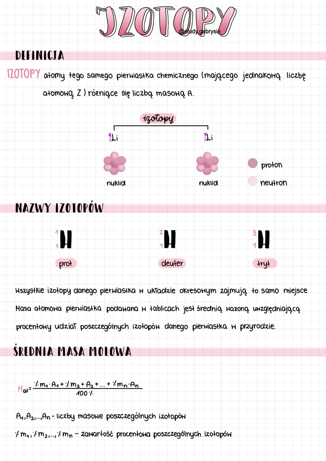 DEFINICJA
IZOTOPY atomy tego samego pierwiastka chemicznego (mającego jednakową liczbę
atomową Z) różniące się liczbą masową A.
NAZWY IZOTOP