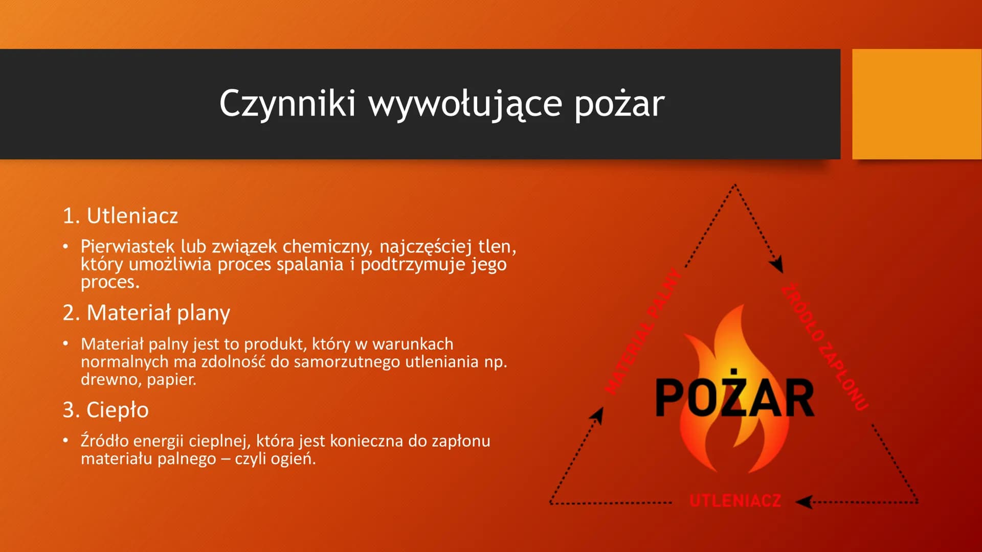 Pożar Co to jest pożar?
• Pożar to samoistny i
niekontrolowany proces,
podczas którego materiały
organiczne i nieorganiczne
ulegają spaleniu