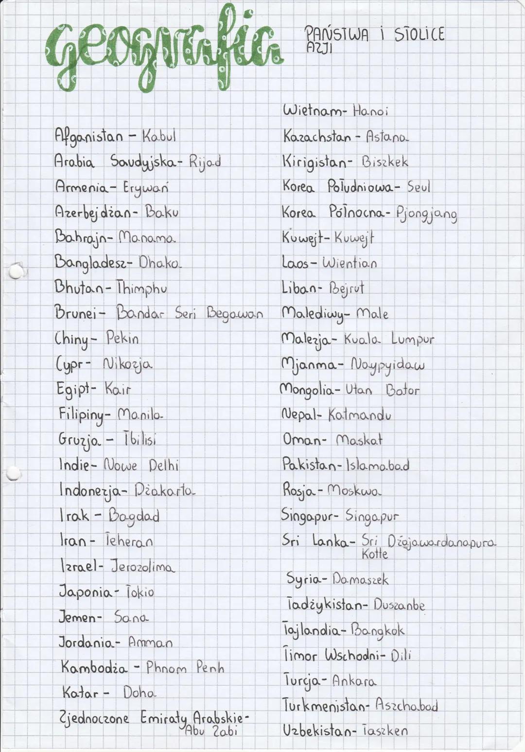 o
geografia
Afganistan - Kabul
Arabia Saudyjska- Rijad
Armenia- Erywan
Azerbejdzan- Baku
Chiny- Pekin
Cypr - Nikozja
Egipt- Kair
Bahrajn- Ma