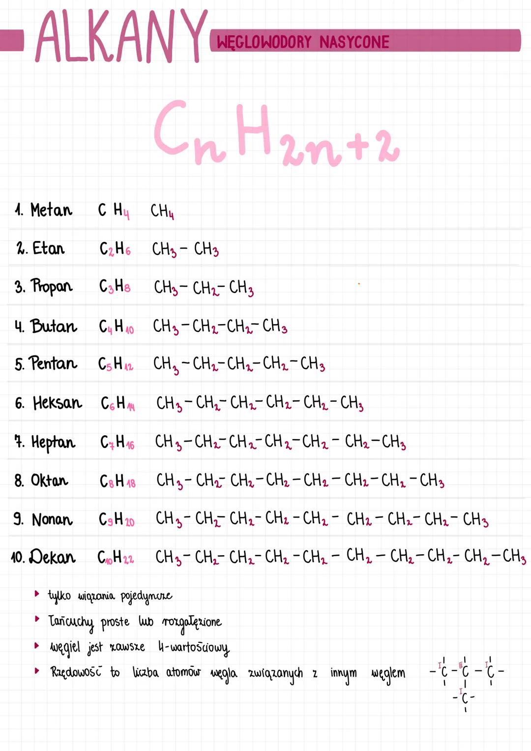 # ALKANY # ALKANY WĘGLOWODORY NASYCONE

$C_nH_{2n+2}$

1. Metan C Hy CH4

2. Etan $C_2H_6$ CH3-CH3

3. Propan $C_3H_8$ CH3-CH2-CH3

4. Butan