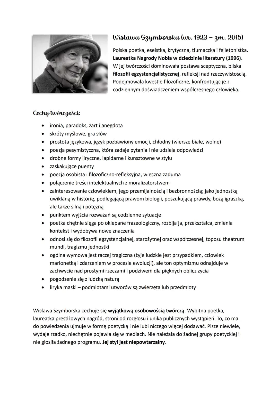 Cechy twórczości:
●
ironia, paradoks, żart i anegdota
skróty myślowe, gra słów
prostota językowa, język pozbawiony emocji, chłodny (wiersze 