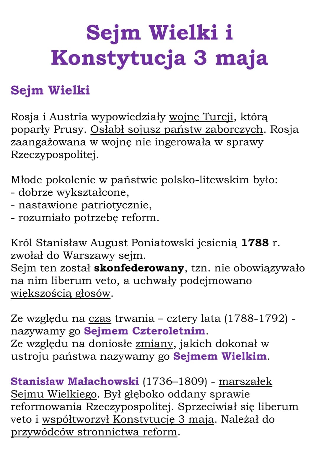 Sejm Wielki i
Konstytucja 3 maja
Sejm Wielki
Rosja i Austria wypowiedziały wojnę Turcji, którą
poparły Prusy. Osłabł sojusz państw zaborczyc