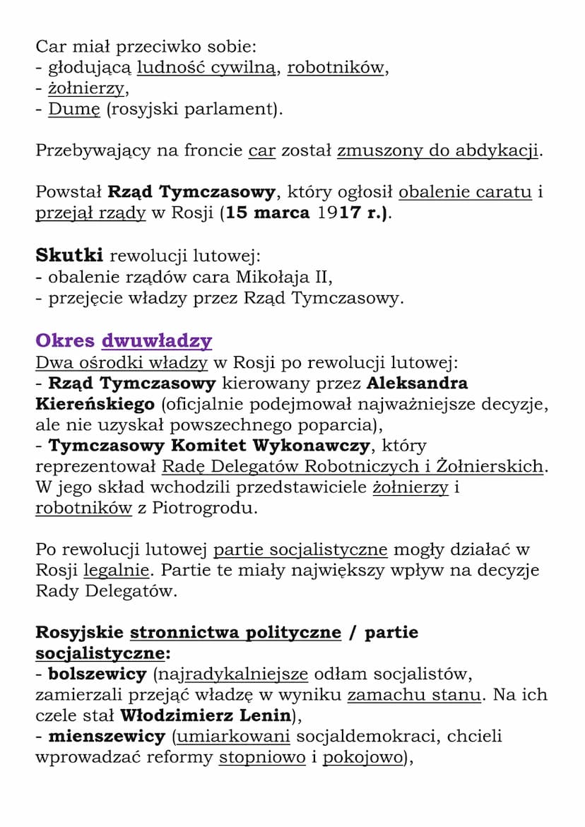 Rewolucje w Rosji
Kl. 7,
7, NE
Porażki Rosji na froncie I wojny światowej:
- śmierć setek tysięcy żołnierzy,
- utrata najbardziej rozwinięty