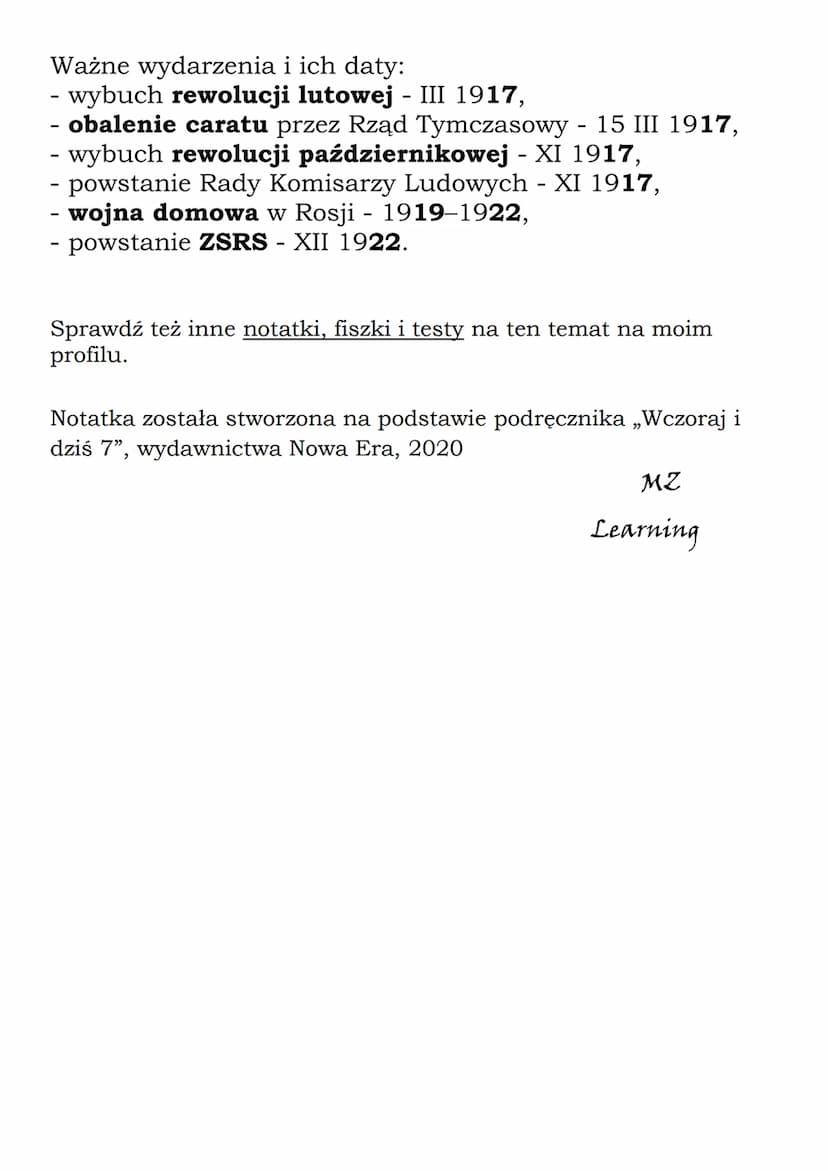 Rewolucje w Rosji
Kl. 7,
7, NE
Porażki Rosji na froncie I wojny światowej:
- śmierć setek tysięcy żołnierzy,
- utrata najbardziej rozwinięty