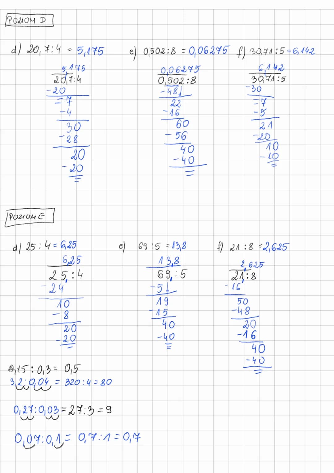 DZIELENIE UŁAMKÓW DZIESIĘTNYCH
2ad 1 Oblicz
погом с
0,1
d
11855:0₁ 7 = 1,855: = 0,265
0.265
1855:7
-14 ↓
45
-42*
6
19
-18
e) 0,792:0,03 = 79