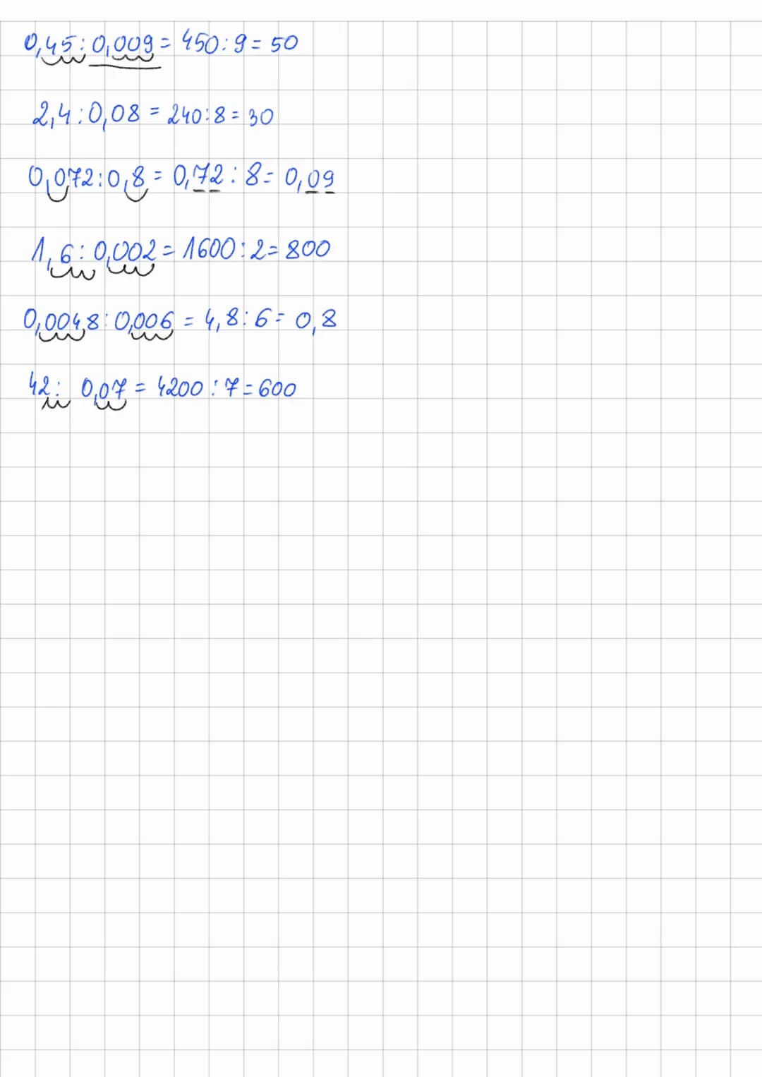 DZIELENIE UŁAMKÓW DZIESIĘTNYCH
2ad 1 Oblicz
погом с
0,1
d
11855:0₁ 7 = 1,855: = 0,265
0.265
1855:7
-14 ↓
45
-42*
6
19
-18
e) 0,792:0,03 = 79