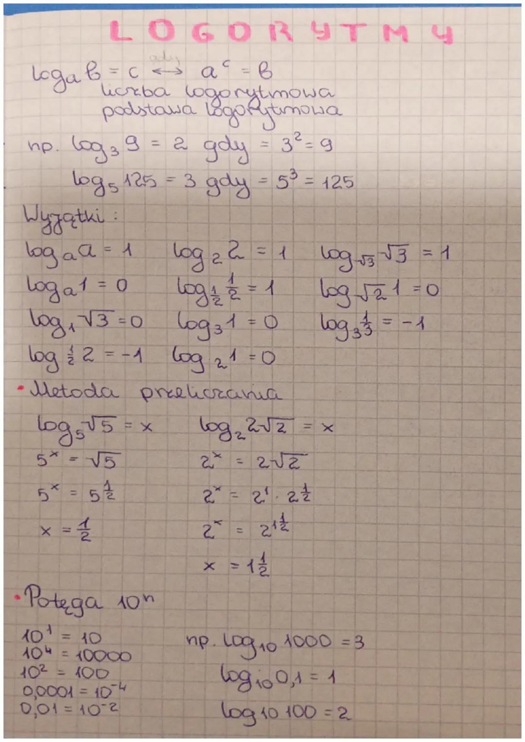 LOGORYTMY
Loga b = c = a ² = b
liczba logorytmow wa
podstawa logorytmowa
np. log 3 9 = 2 gdy = 3² = 9
пр.
log₂ 125 = 3 gdy = 5³ = 125
Wyjątk