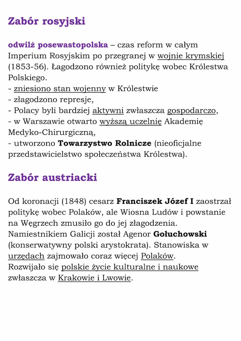 Powstanie styczniowe
Ziemie polskie przed powstaniem
Zabór pruski
Hasło „praca organiczna" – uważano naród za jeden
organizm i wszystkie jeg