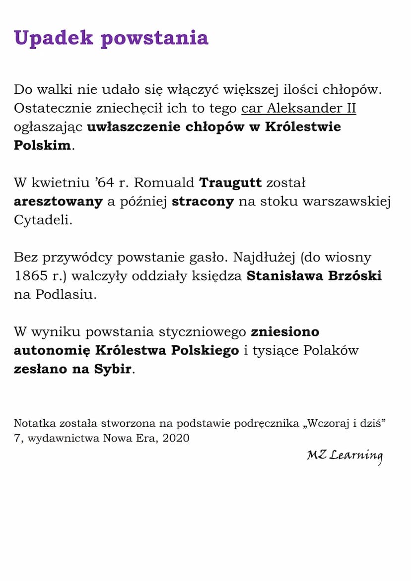 Powstanie styczniowe
Ziemie polskie przed powstaniem
Zabór pruski
Hasło „praca organiczna" – uważano naród za jeden
organizm i wszystkie jeg