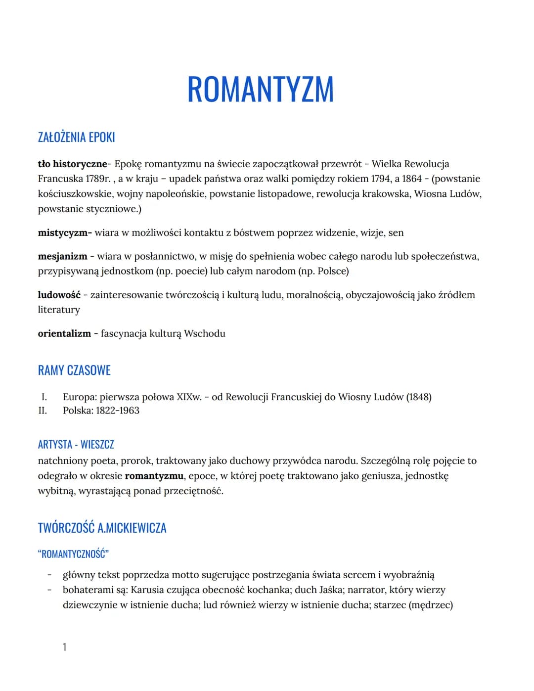 ROMANTYZM
ZAŁOŻENIA EPOKI
tło historyczne- Epokę romantyzmu na świecie zapoczątkował przewrót - Wielka Rewolucja
Francuska 1789r., a w kraju
