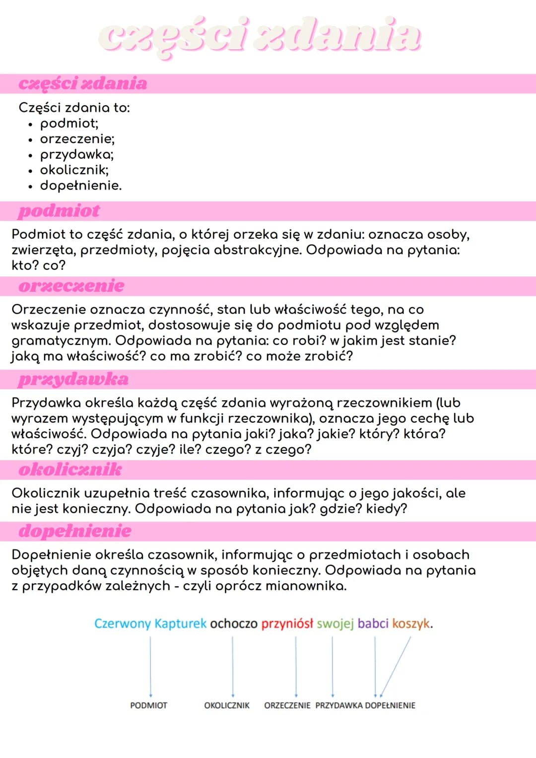 części zdania
Części zdania to:
podmiot;
orzeczenie;
przydawka;
okolicznik;
• dopełnienie.
●
●
częścizdania
●
podmiot
Podmiot to część zdani