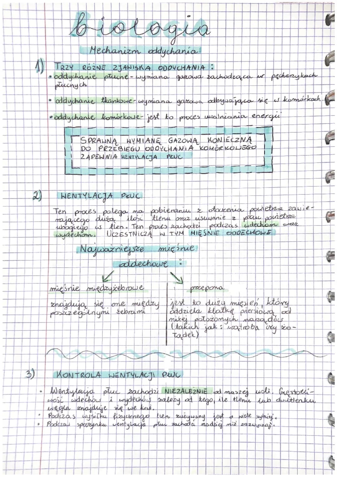 biologia
Mechanizm oddychania
1) TRZY RÓŻNE ZJANISKA ODDYCHANIA:
• oddychanie płucne- wymiana gazowa zachodząca or pęcherzykach
płucnych
2)
