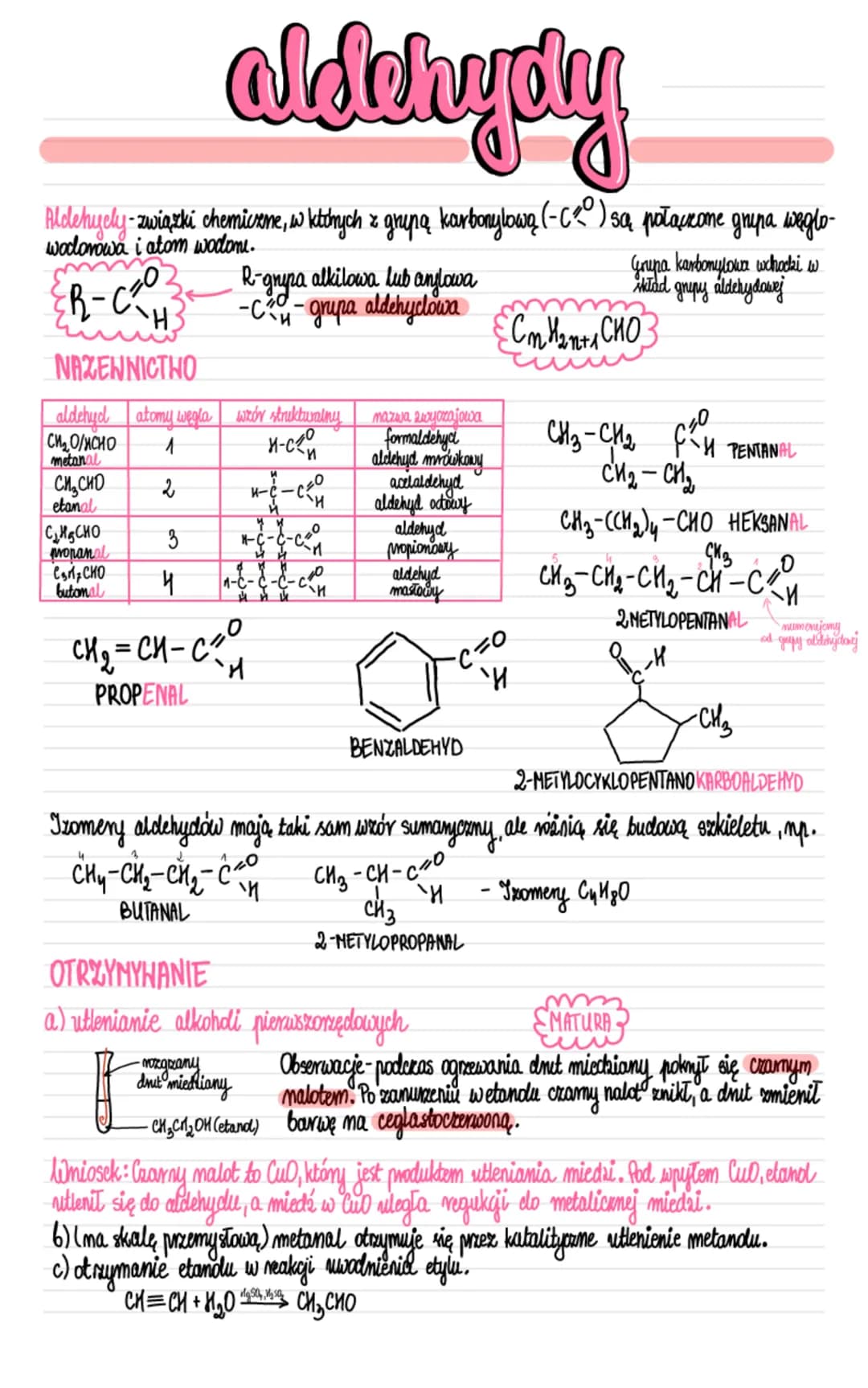 
<p>Aldehydy to związki chemiczne, w których grupa karbonylowa (-CHO) jest połączona z grupą wodorowęglową i atomem wodoru. Mają one ogólny 