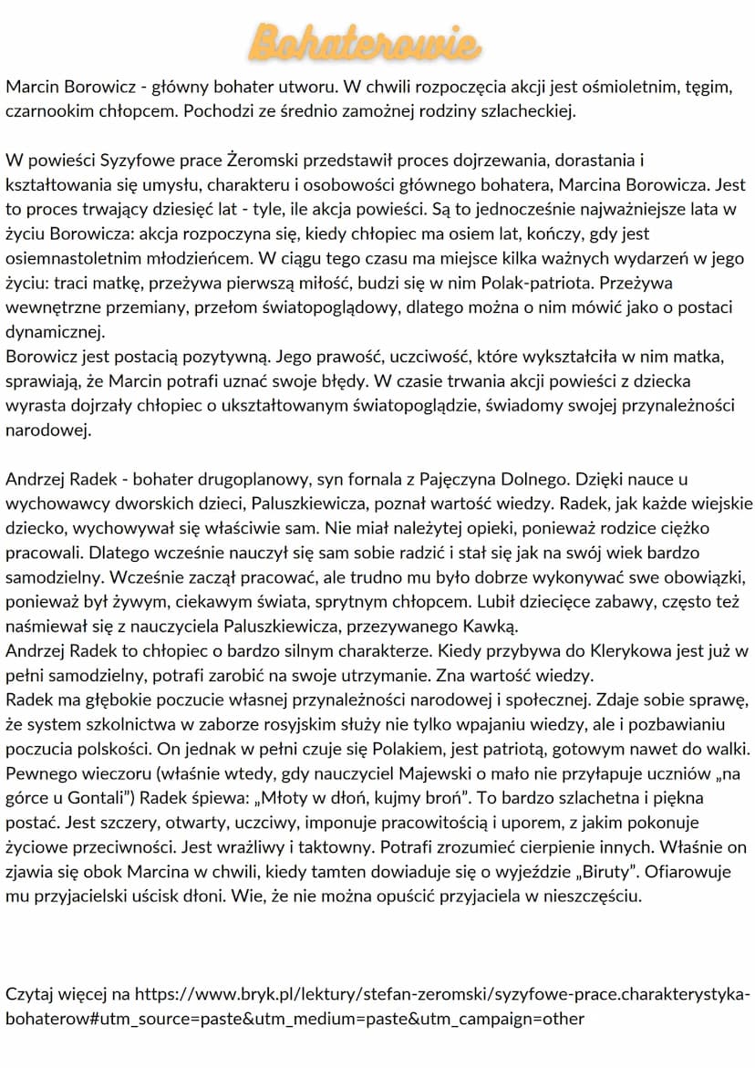 Syzyfowe prace
Streszczenie króthie
Czwartego stycznia rodzice Marcinka Borowicza odwożą go z rodzinnych Gawronek do
szkoły w Owczarach i od