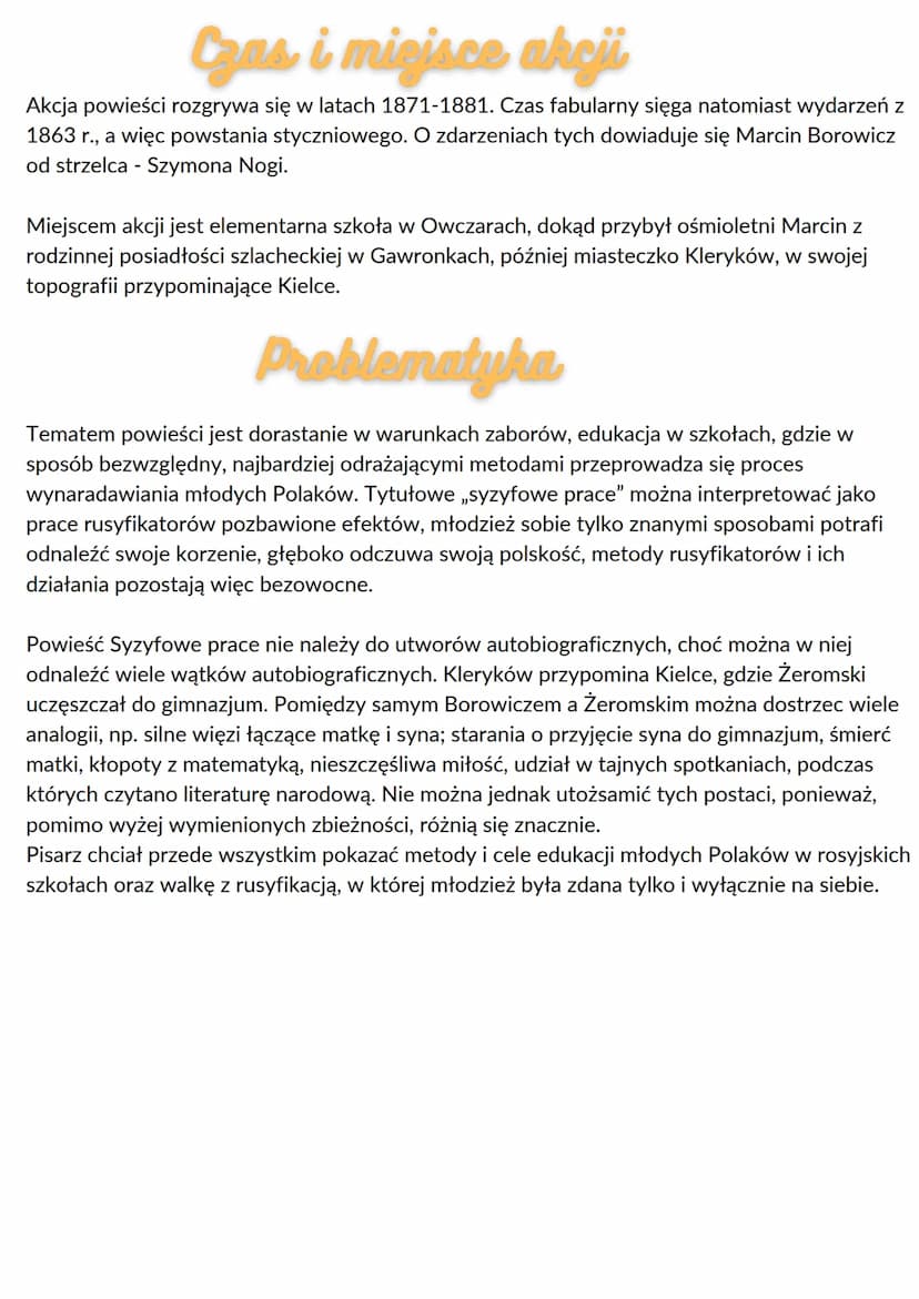 Syzyfowe prace
Streszczenie króthie
Czwartego stycznia rodzice Marcinka Borowicza odwożą go z rodzinnych Gawronek do
szkoły w Owczarach i od