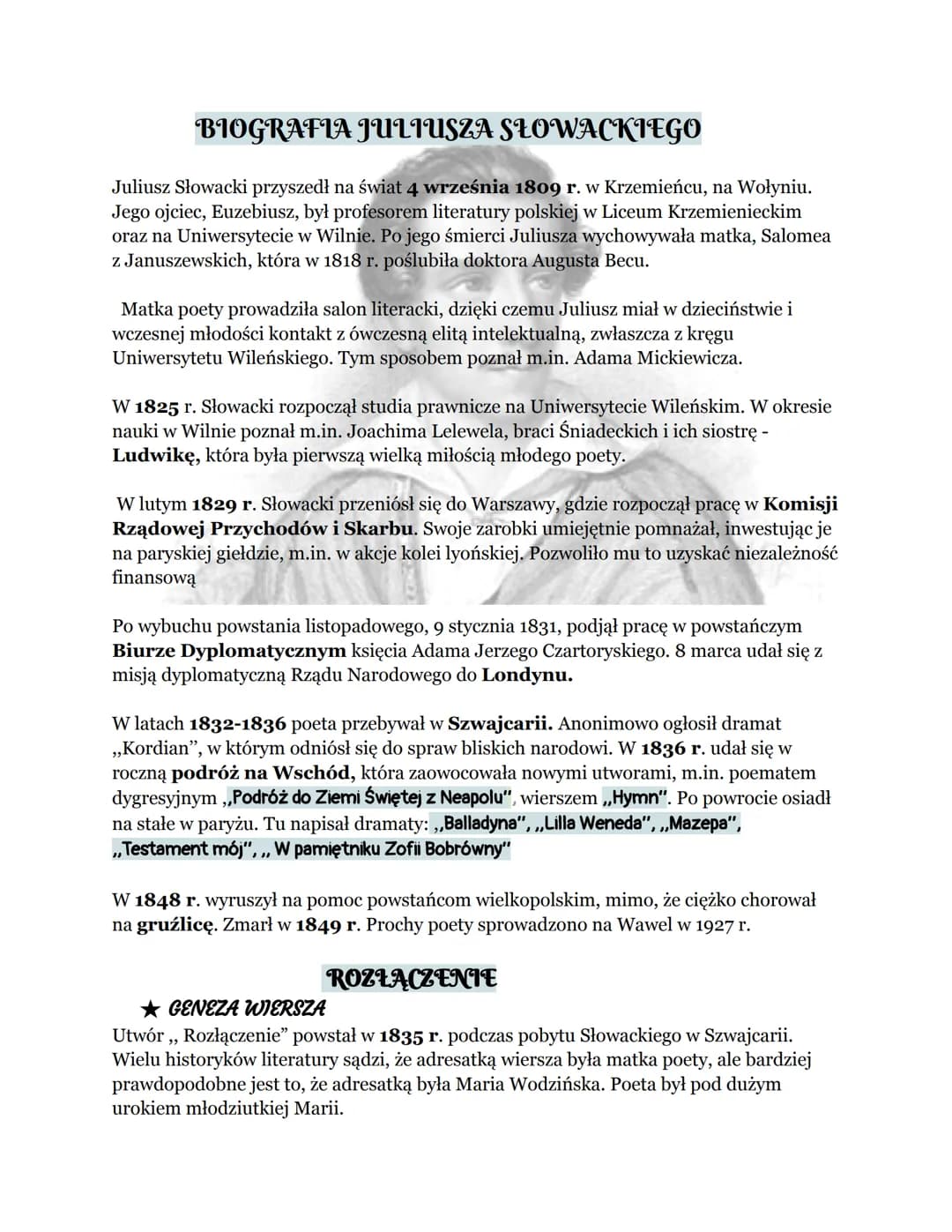 BIOGRAFIA JULIUSZA SŁOWACKIEGO
Juliusz Słowacki przyszedł na świat 4 września 1809 r. w Krzemieńcu, na Wołyniu.
Jego ojciec, Euzebiusz, był 