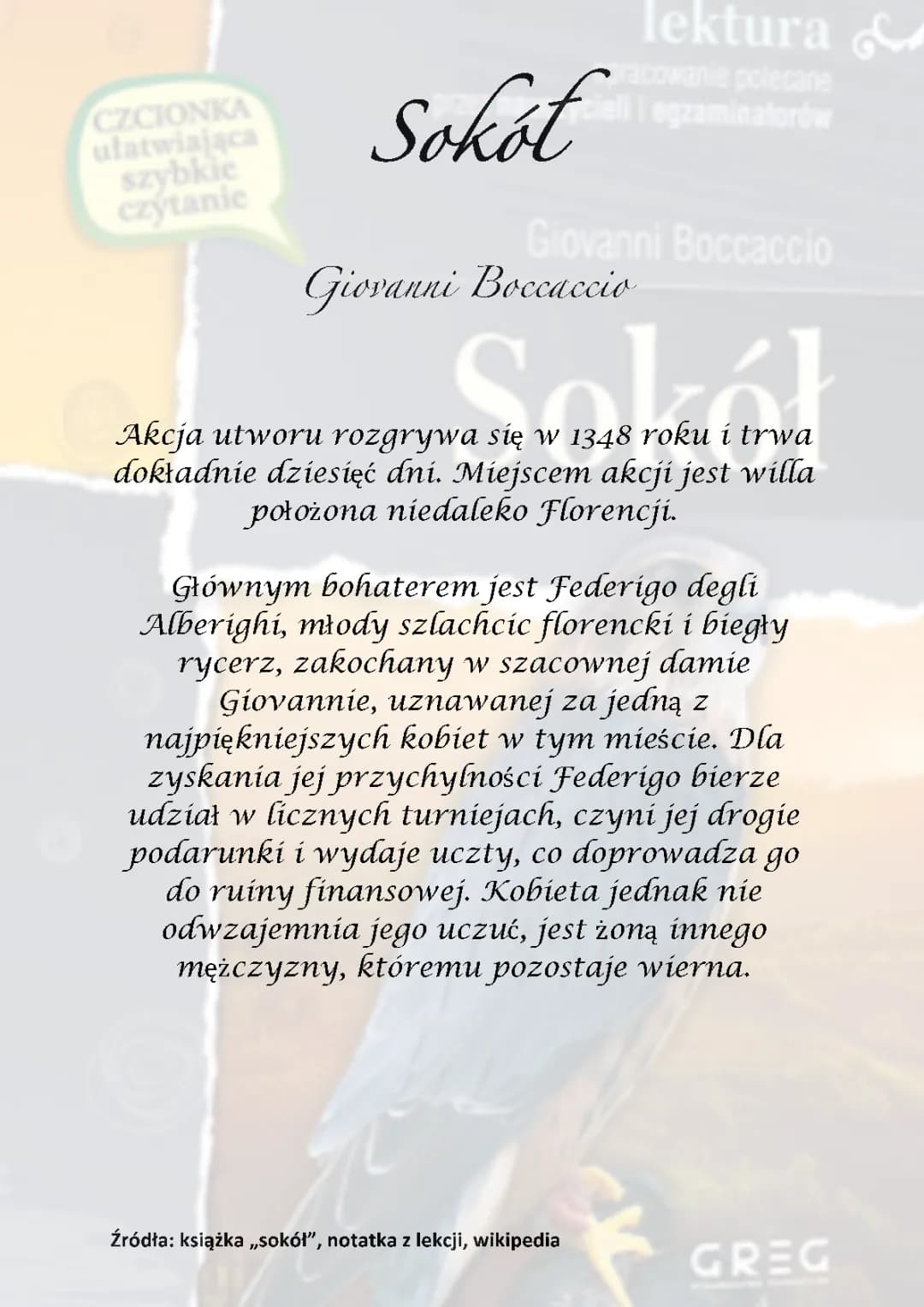 Sokół Giovanni Boccaccio - Streszczenie, Plan Wydarzeń, Bohaterowie