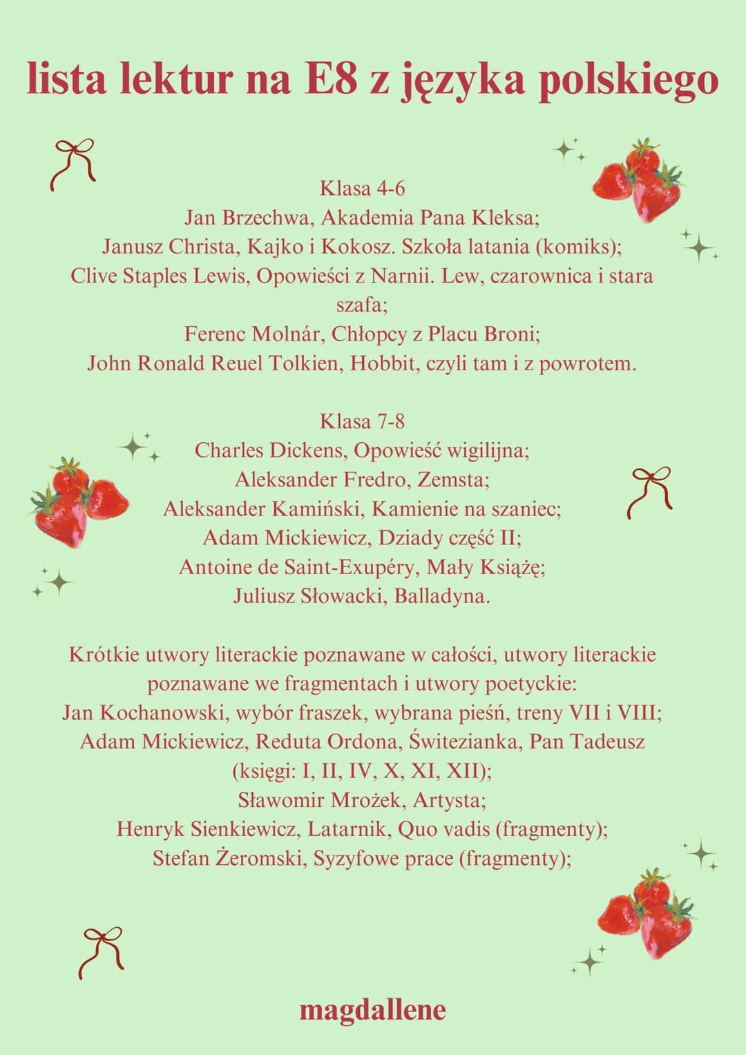 --- OCR Start ---
lista lektur na E8 z języka polskiego
Klasa 4-6
Jan Brzechwa, Akademia Pana Kleksa;
Janusz Christa, Kajko i Kokosz. Szkoła