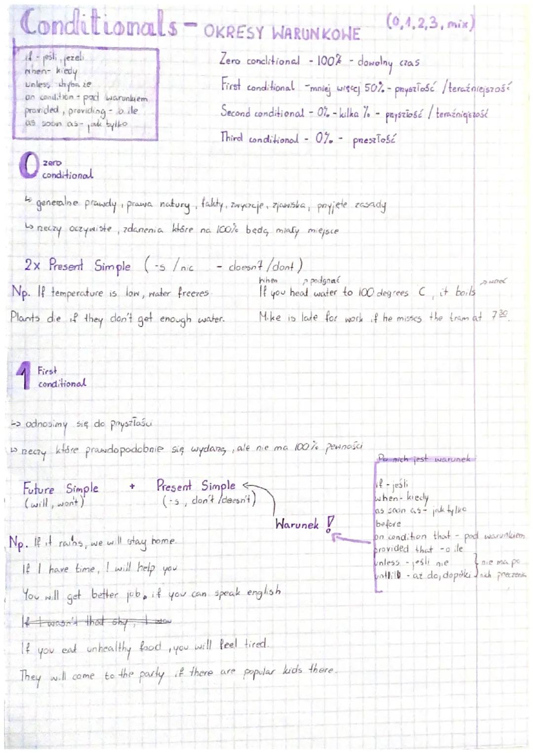 Conditionals- OKRESY WARUNKOWE (0,1,2,3, mix)
Zero conclitional - 100% - dowolny
First conditional -mniej więcej 50% - przyszłość / teraźnie