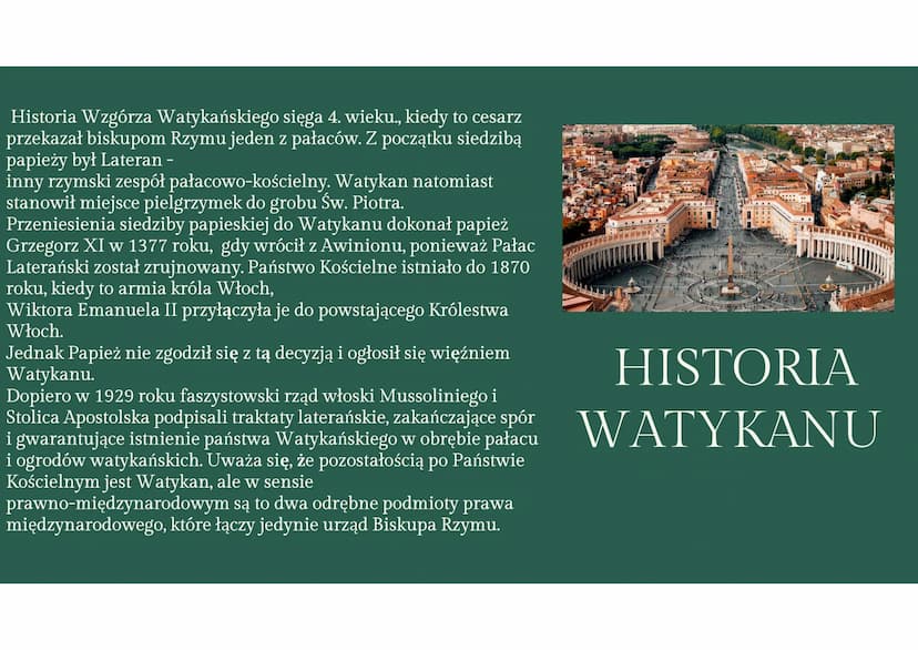 WATYKAN
państwo kościelne WATYKAN
liczba ludności (2019): 825 (głównie księża, dostojnicy kościelni, zakonnice i Gwardia
Szwajcarska)
powier