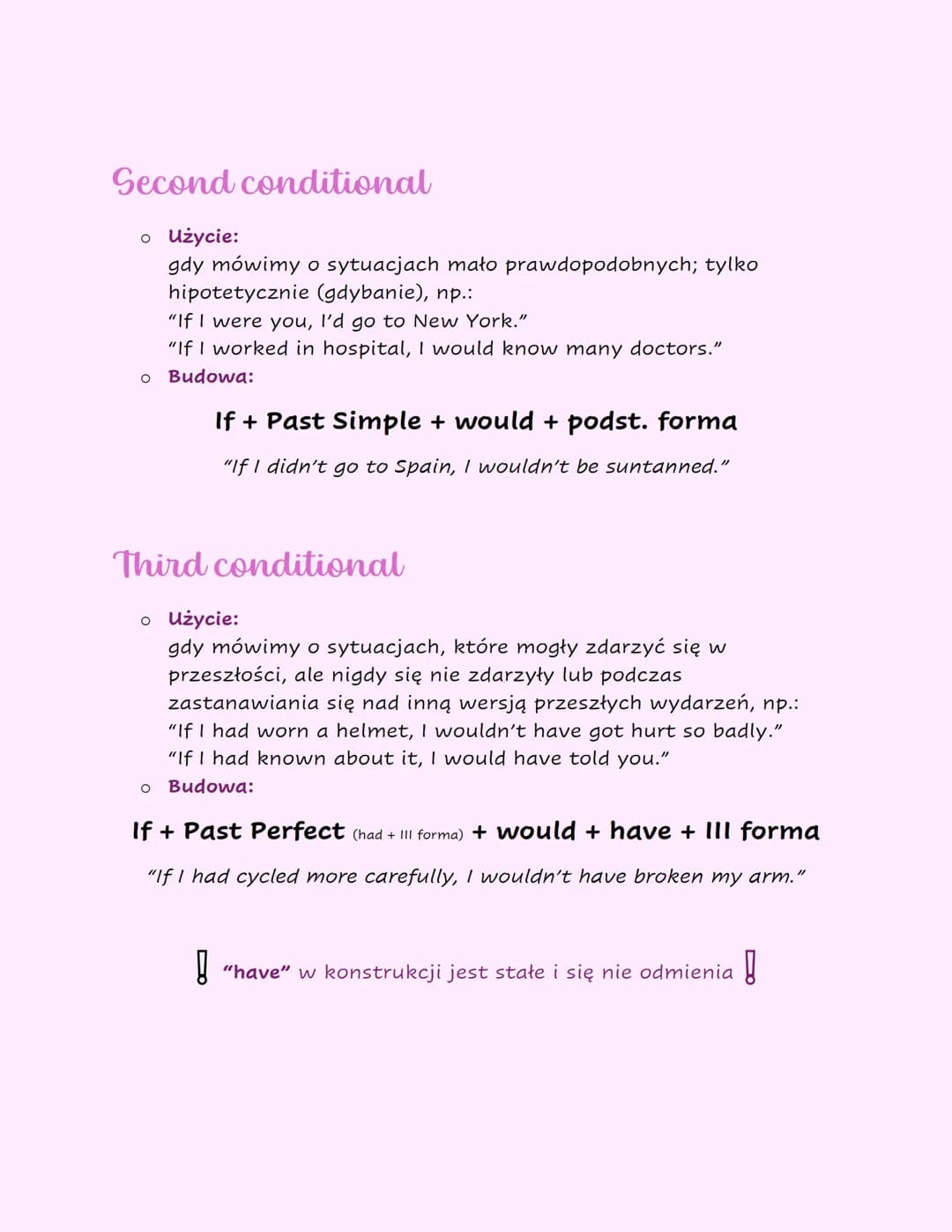 Conditionals
Tryby warunkowe: 0, 1, 2, 3
Zero conditional
。 użycie:
gdy mówimy o sytuacjach zawsze prawdziwych, np.:
"If I mix yellow and bl