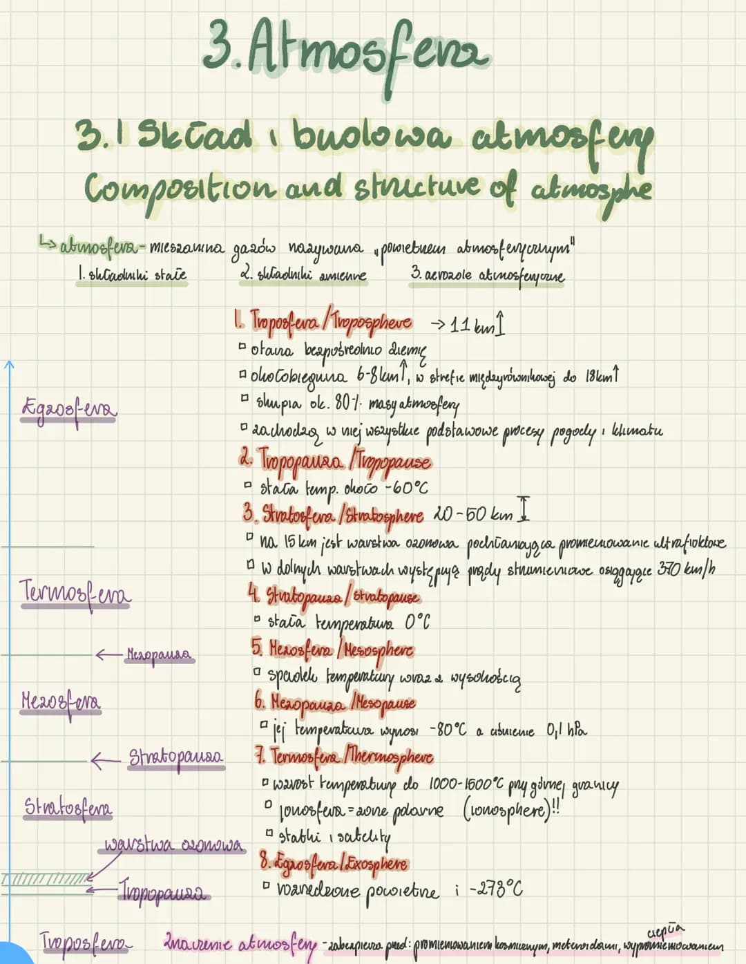 3. Atmosfera
3.1 Skład budowa atmosfery
Composition and structure of atmosphe
دا
> abimosfera - mieszanina gazów nazywana, powretnem abmosfe