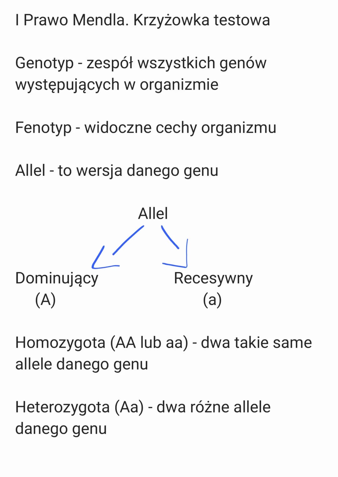 I Prawo Mendla. Krzyżowka testowa
Genotyp - zespół wszystkich genów
występujących w organizmie
Fenotyp - widoczne cechy organizmu
Allel - to