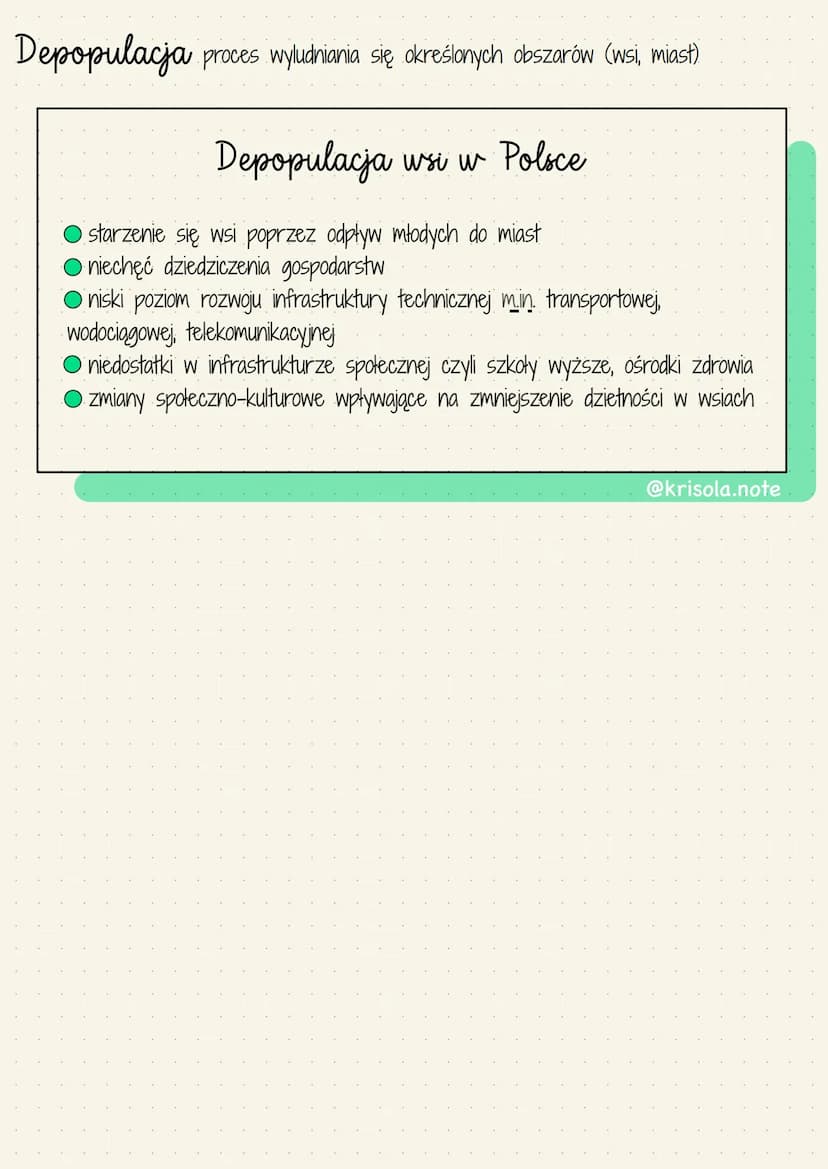 Depopulacja proces wyludniania się określonych obszarów (wsi, miast)
Depopulacja wsi w Polsce
starzenie się wsi poprzez odpływ młodych do mi