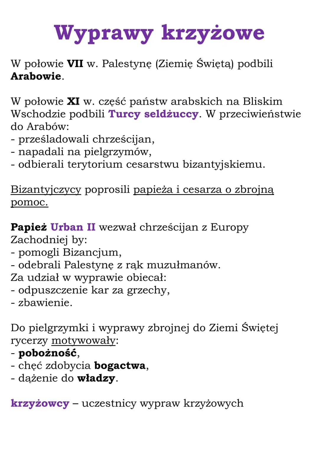 
<p>W połowie VII w. Palestynę (Ziemię Świętą) podbili Arabowie. W połowie XI w. część państw arabskich na Bliskim Wschodzie została podbita