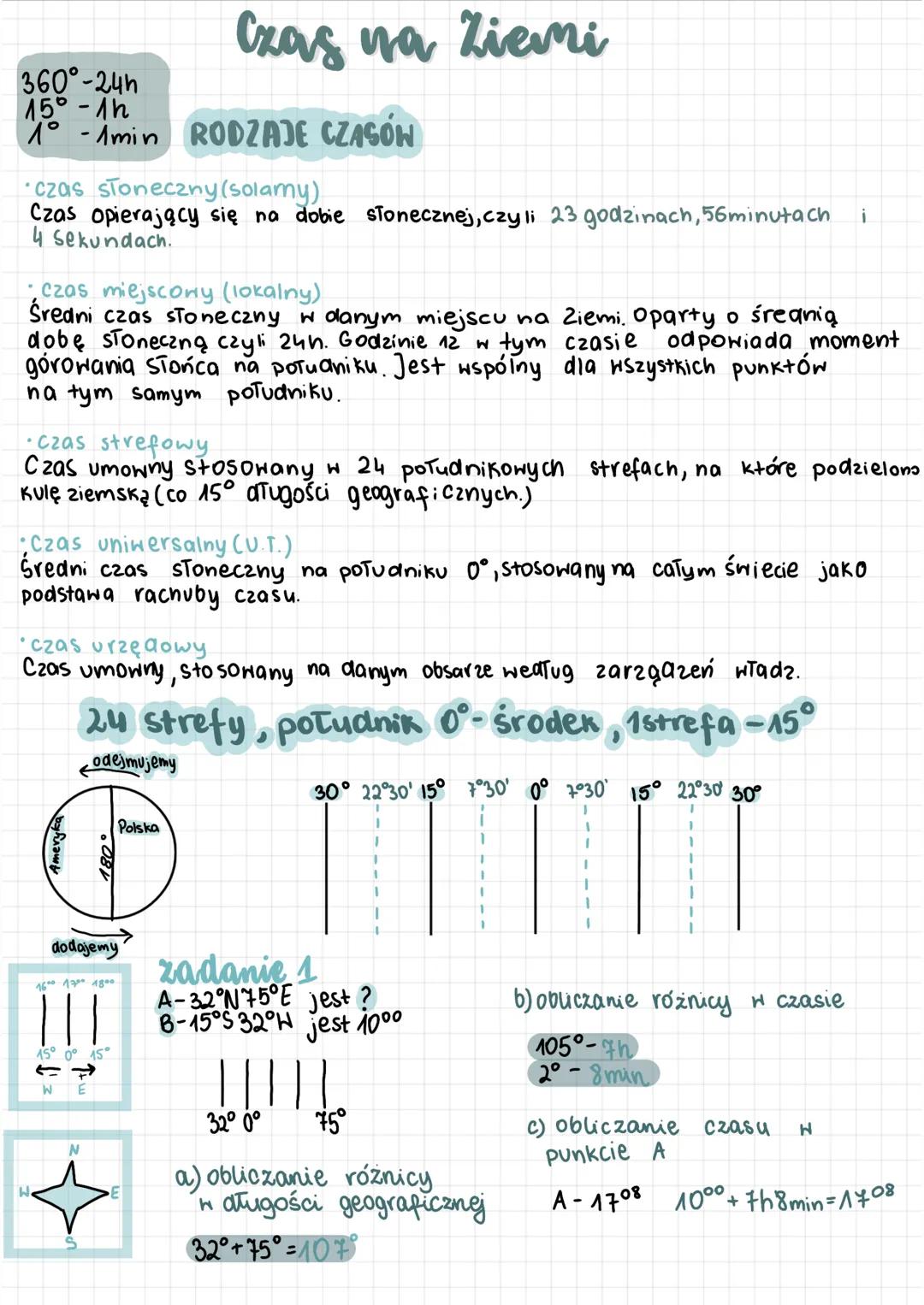 # Czas na Ziemi

360°-24h
15°-1h
1°-Amin RODZAJE CZASÓN

*   czas słoneczny (solarny)
    Czas opierający się na dobie słonecznej, czyli 23 